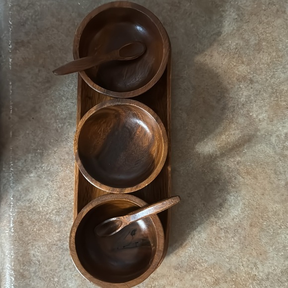Vintage teak bowl and spoon set on an oval tray - Picture 3 of 3